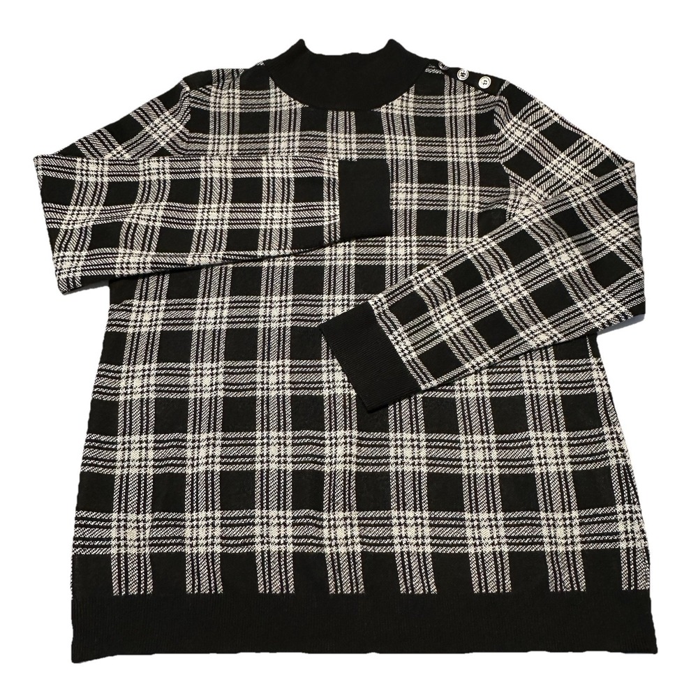 Calvin Klein Sweater Womens Large Mock Neck Plaid Black Check Office Work Long